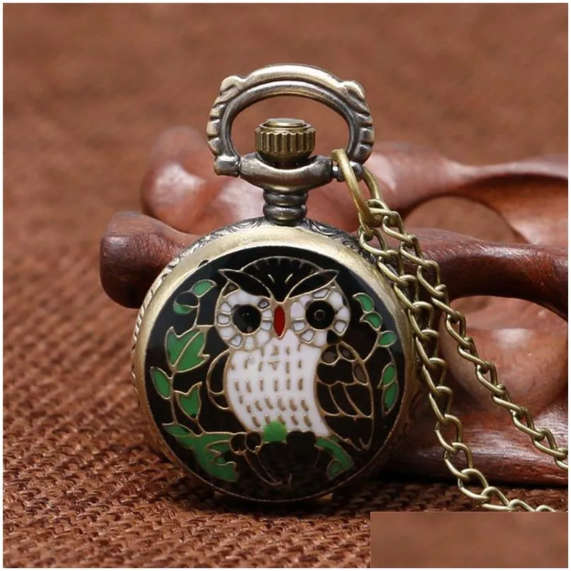 Pocket Watches Vintage Classical Watches Mini Size Small Dial Lovely Owl Bronze Quartz Pocket Watch For Men Women Kid Necklace Chain G Dhnkh