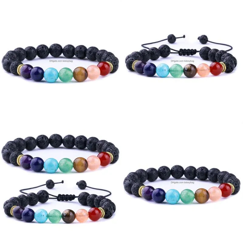 Charm Bracelets 8Mm Natural Stone Black Lava Weave 7 Chakra Healing Bracelets Aromatherapy  Oil Diffuser Bracelet For Women M Dhx57