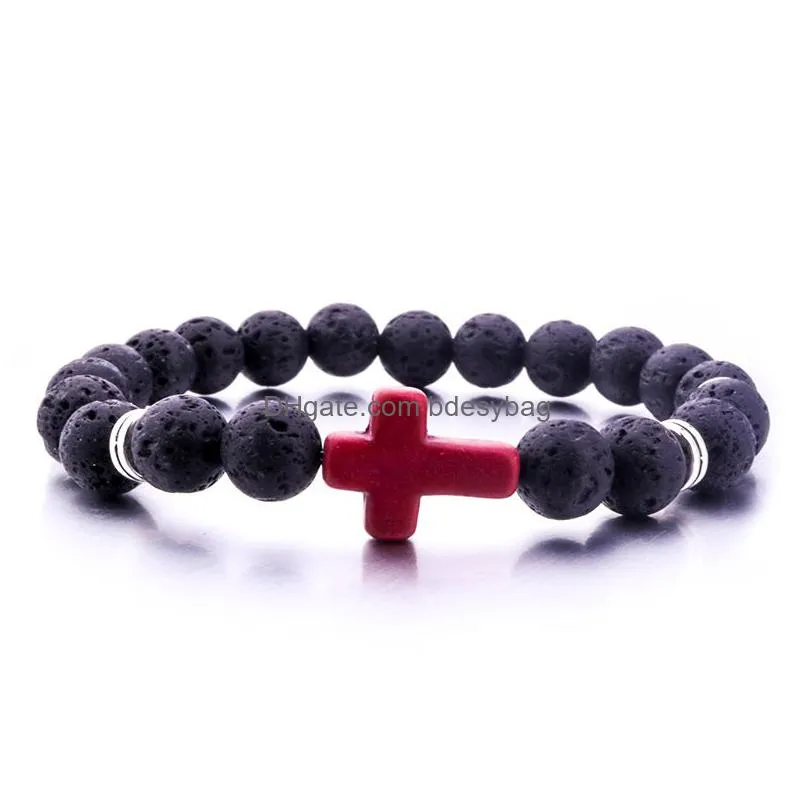 Charm Bracelets Natural Black Lava Stone Turquoise Cross Bracelet Volcano Aromatherapy Essential Oil Diffuser For Women Men Jewelry Dr Dh3Cx