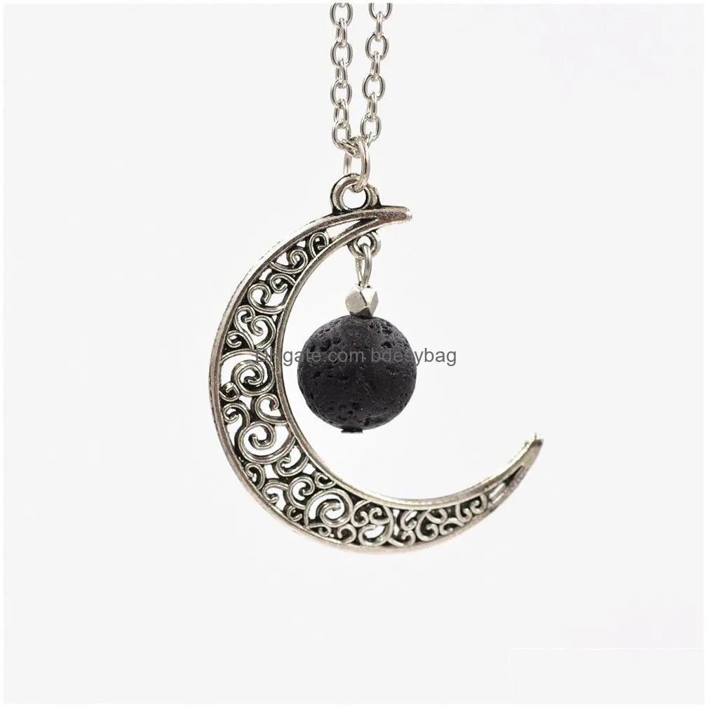Pendant Necklaces Fashion 14Mm Lava Stone Moon Necklace Volcanic Rock Aromatherapy  Oil Diffuser For Women Jewelry Drop Deliv Dhniu