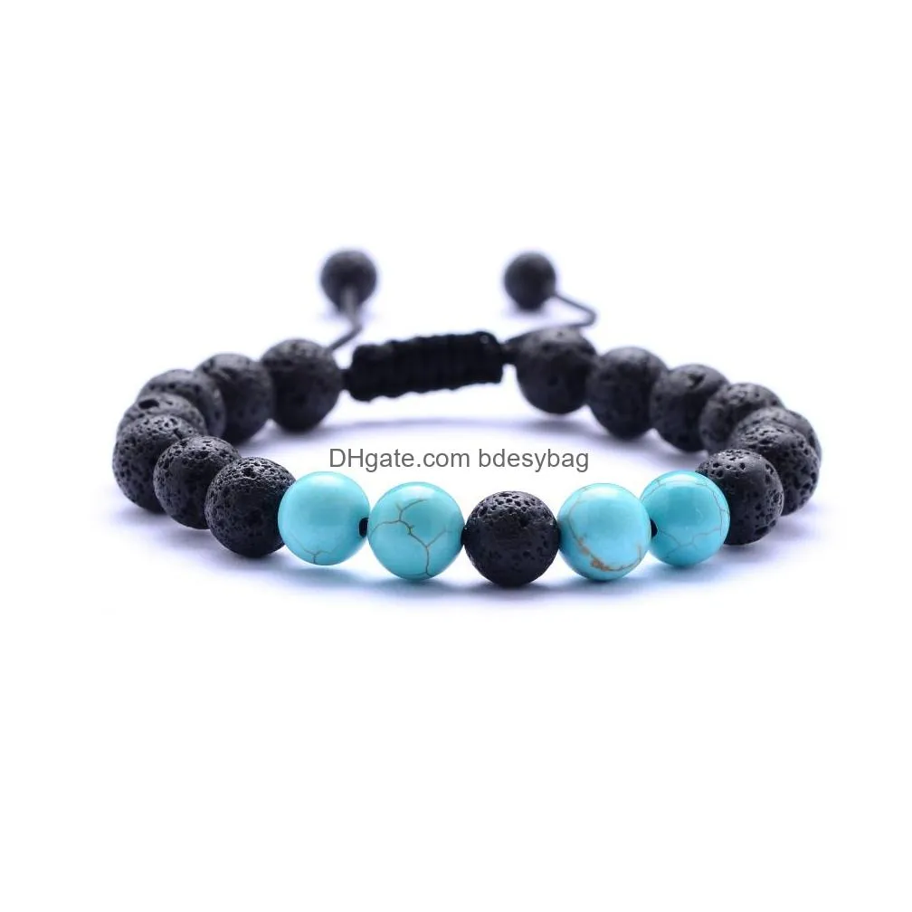 Charm Bracelets Natural Turquoise Black Lava Stone Bead Weave Per Bracelet Aromatherapy Essential Oil Diffuser For Women Men Jewelry D Dhe8L