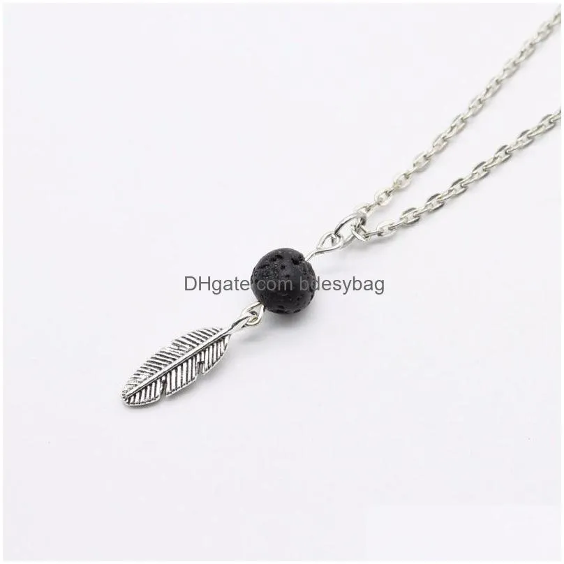 Pendant Necklaces Natural Black Lava Stone Necklace Cross Leaf Sier Gold Color Heart Aromatherapy Essential Oil Diffuser For Women Jew Dhyjj