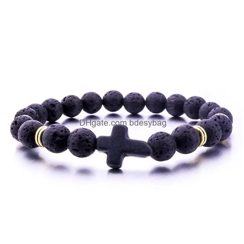 Charm Bracelets Natural Black Lava Stone Turquoise Cross Bracelet Volcano Aromatherapy Essential Oil Diffuser For Women Men Jewelry Dr Dh3Cx