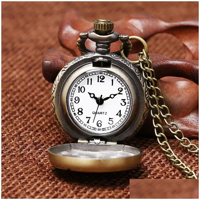 Pocket Watches Vintage Classical Watches Mini Size Small Dial Lovely Owl Bronze Quartz Pocket Watch For Men Women Kid Necklace Chain G Dhnkh