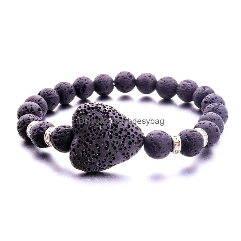 Charm Bracelets 8Mm Black Lava Stone 20Mm Heart Love Charm Bracelet Aromatherapy Essential Oil Diffuser For Drop Delivery Jewelry Brac Dhz7J