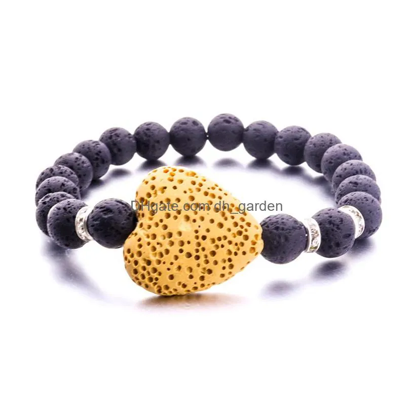 Charm Bracelets 8Mm Black Lava Stone 20Mm Heart Love Charm Bracelet Aromatherapy Essential Oil Diffuser For Drop Delivery Jew Dhgarden Dhlum