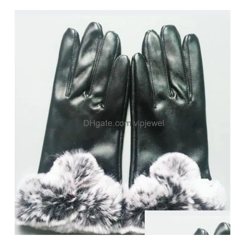 european and american designer brand windproof leather gloves lady touch screen 227 rabbit fur mouth winter heat preservation wind style