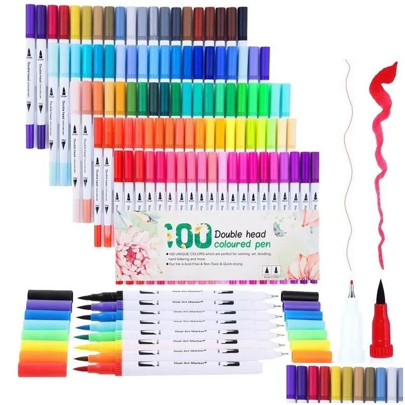 wholesale 100 Colors Dual Tip Brush Color Pen Art Markers Pen TouchFive Copic Markers Pen Watercolor Fineliner Drawing Painting Stationery