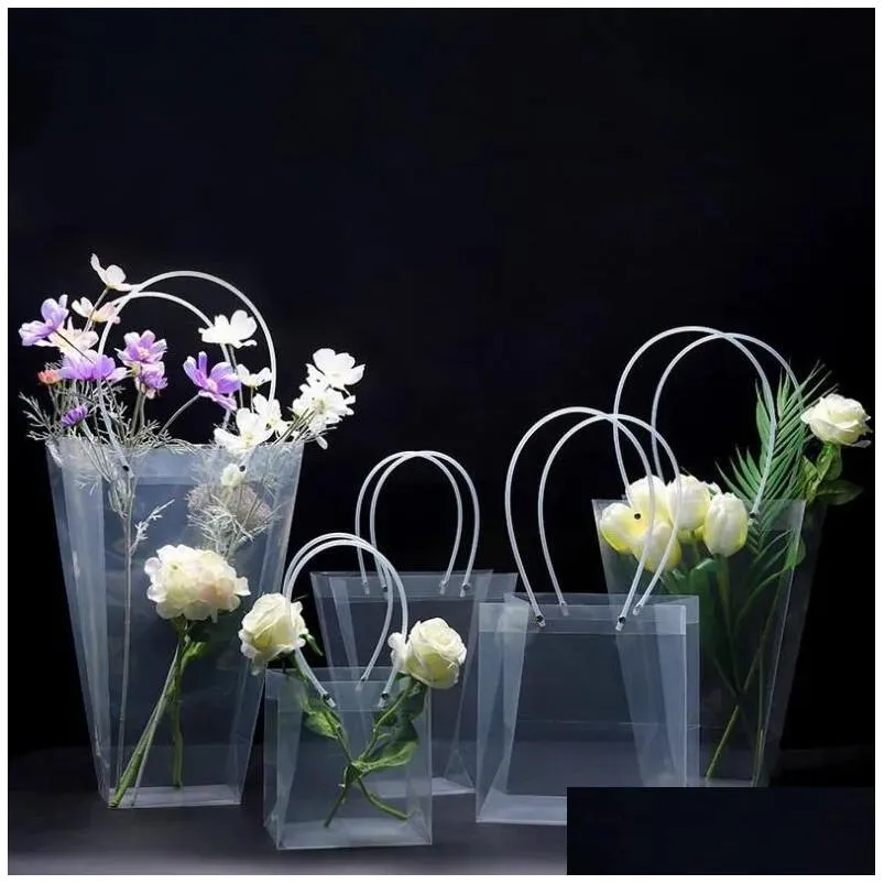 Gift Wrap Clear Flower Bouquet Gift Bag Trapezoidal Plastic Storage Handbag Pvc Packing Bags Birthday Party Holiday Handbags Large Wra Dh3Re