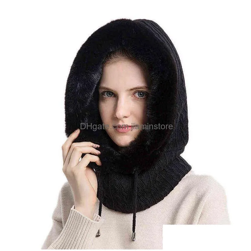 Beanie/Skull Caps Winter Cap With Mask Set Hooded For Women Warm Knitted Cashmere Outdoor Ski Windproof Hat Thick Plush Fluffy News Br Dh1Ob