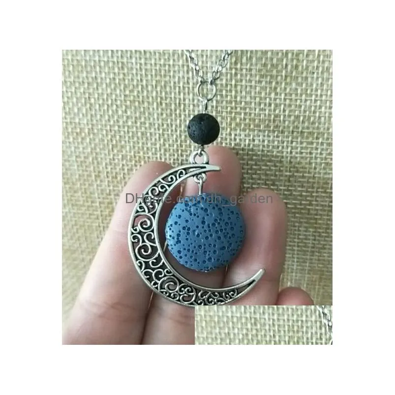 Pendant Necklaces Fashion Sier Color Round Lava Stone Moon Necklace Volcanic Rock Aromatherapy Essential Oil Diffuser For Wo Dhgarden Dhty3