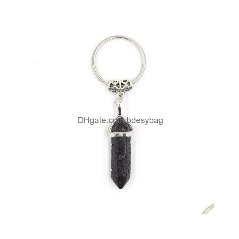 Key Rings Black Lava Stone Hexagonal Prism Key Rings Keychains Car Decor Chain Keyholder For Women Men Drop Delivery Jewelry Dhhzc