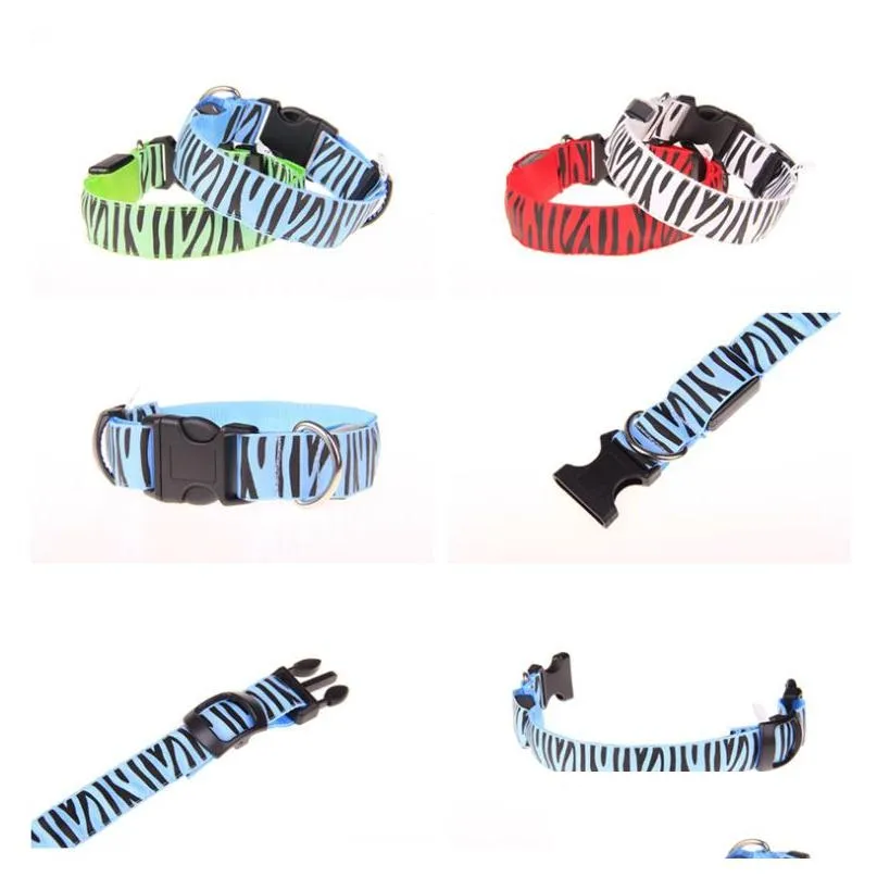 Dog Collars & Leashes Flashing Pet Collars Lighted Up Nylon Led Dog Colorf Zebra Style Collar 2.5M Width 8 Drop Delivery Home Garden P Dhys3