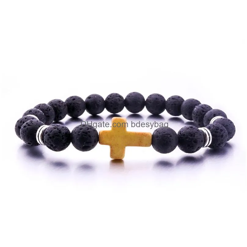 Charm Bracelets Natural Black Lava Stone Turquoise Cross Bracelet Volcano Aromatherapy Essential Oil Diffuser For Women Men Jewelry Dr Dh3Cx