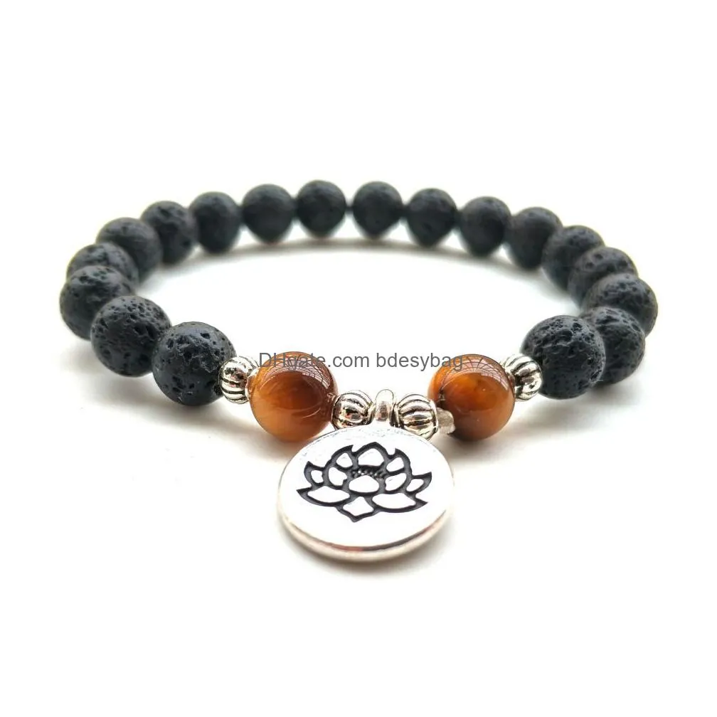 Charm Bracelets Natural Black Lava Stone Tigers Eye Lotus Bracelet Vaolcano Aromatherapy Essential Oil Diffuser For Women Yoga Jewelry Dh8Uv