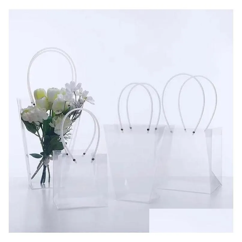 Gift Wrap Clear Flower Bouquet Gift Bag Trapezoidal Plastic Storage Handbag Pvc Packing Bags Birthday Party Holiday Handbags Large Wra Dh3Re