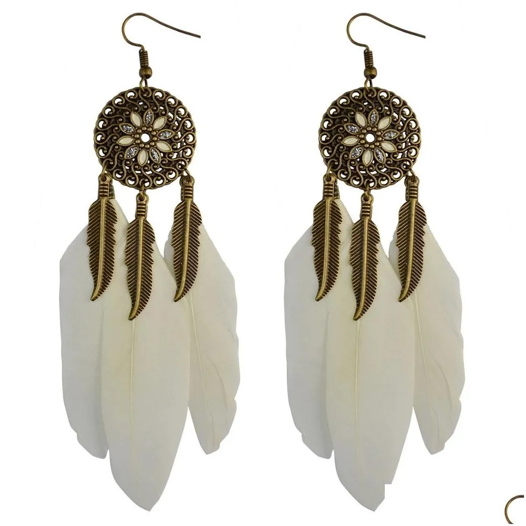 Dangle & Chandelier 5 Colors Bohemian Vintage Bronze Long Feather Drop Hook Flower Dangle Earrings Drop Delivery Jewelry Earrings Dhbs7