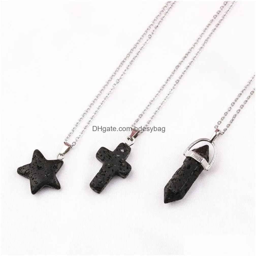 Pendant Necklaces Cross Star Hexagonal Prism Black Lava Stone Necklace Aromatherapy  Oil Per Diffuser Pendant Women Men Jewel Dh6Ui