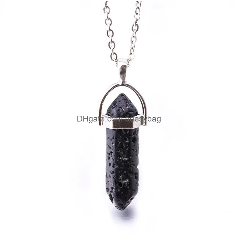 Pendant Necklaces Hexagonal Prism Black Lava Stone Necklace Aromatherapy Essential Oil Per Diffuser Pendant Women Men Jewelry Drop Del Dht9U