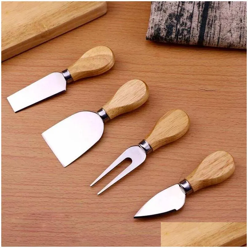 Knives New Stainless Steel Cheese Knife Oak Handle Butter Pizza Cutter Set Drop Delivery Home Garden Kitchen, Dining Bar Flatware Dhmcp