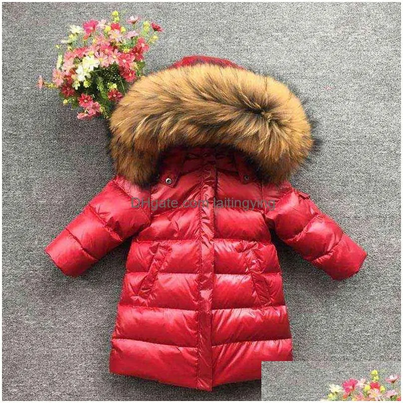 children girl boy winter real fur thickened down jackets 90 long coat jacket overcoat 1-12y baby kids clothing -30 outwear 211203