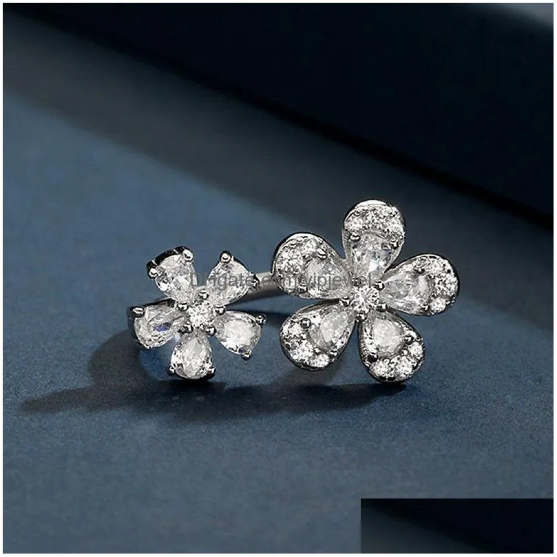  unique design 925 sterling silver flower petal opening adjustable clear crystal ring sweet female fashion girl gift