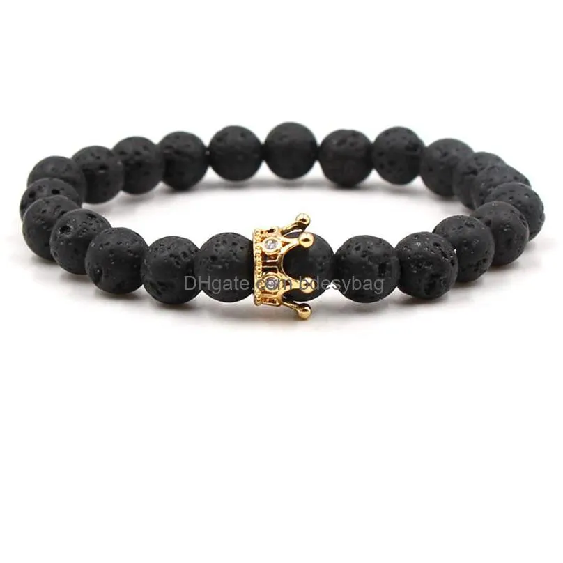 Charm Bracelets Fashion Sier Gold Plated Crown Natural Black Lava Stone Elastic Bracelet Aromatherapy Essential Oil Diffuser For Women Dhjgu