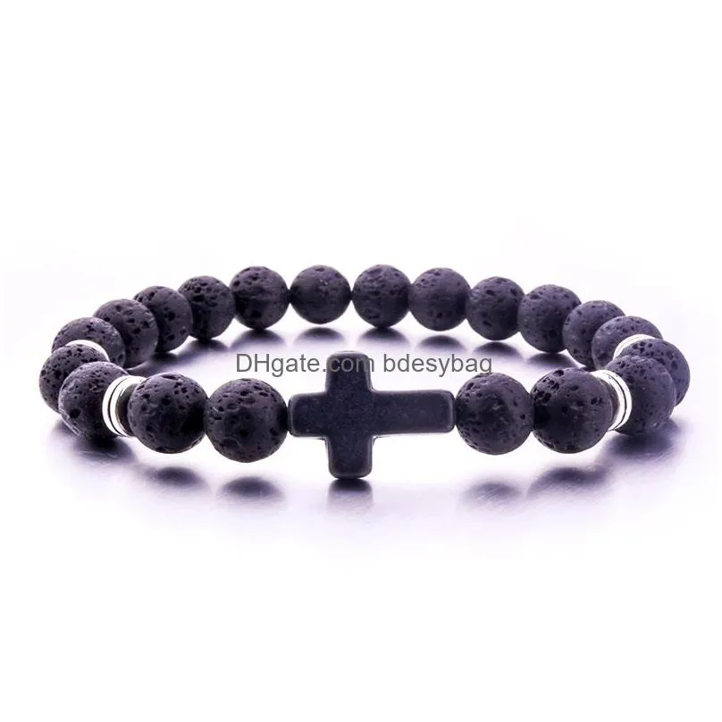 Charm Bracelets Natural Black Lava Stone Turquoise Cross Bracelet Volcano Aromatherapy Essential Oil Diffuser For Women Men Jewelry Dr Dh3Cx