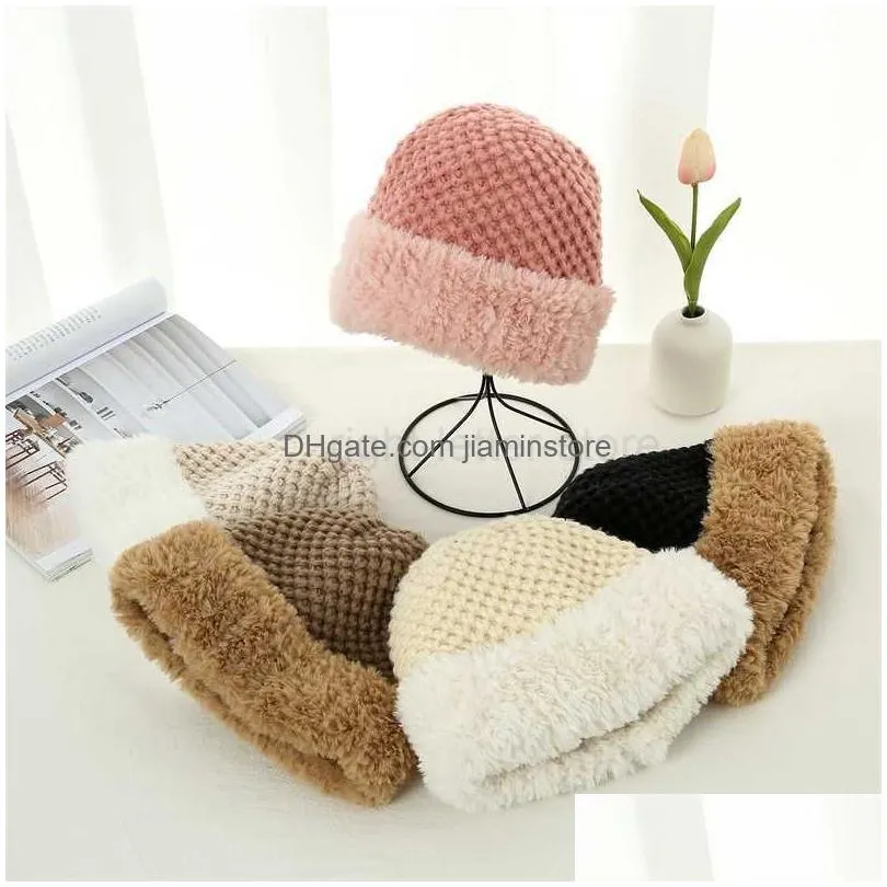 Beanie/Skull Caps Beanie/Skl Caps Clava Winter Warm Earmuffs Beanies Knitted Wool Hats For Women 2022 New Bonnet Large Size Plush Knit Dh1Cx