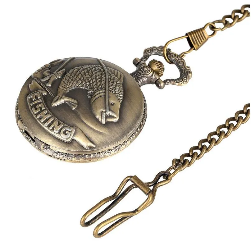 Vintage Bronze Fishing Angling Pocket Watch Chain Argos With Quartz