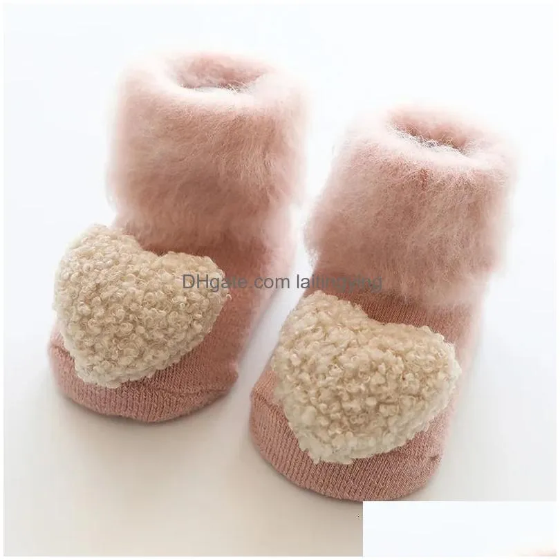 kids socks korean cute baby girls boys toddler white thermal clothes autumn winter velvet plush keep warm born anti slip floor 231026