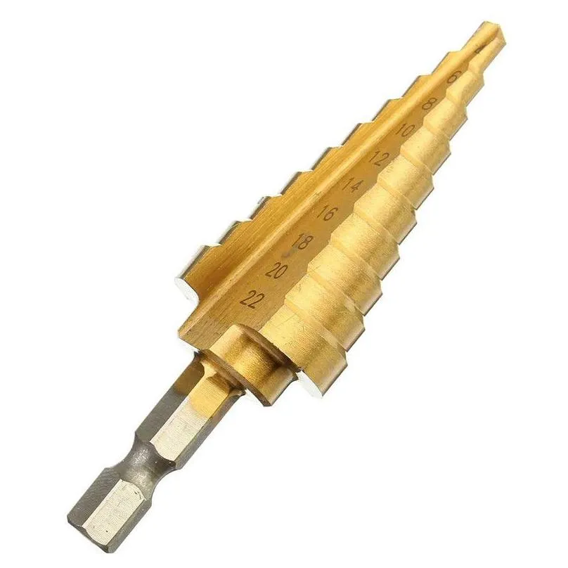 Drill Bits Hex Titanium Step Cone Drill Bit 4-22Mm Hole Cutter Hss 4241 For Sheet Metalworking Wood Drilling High Quality Drop Deliver Dhonm