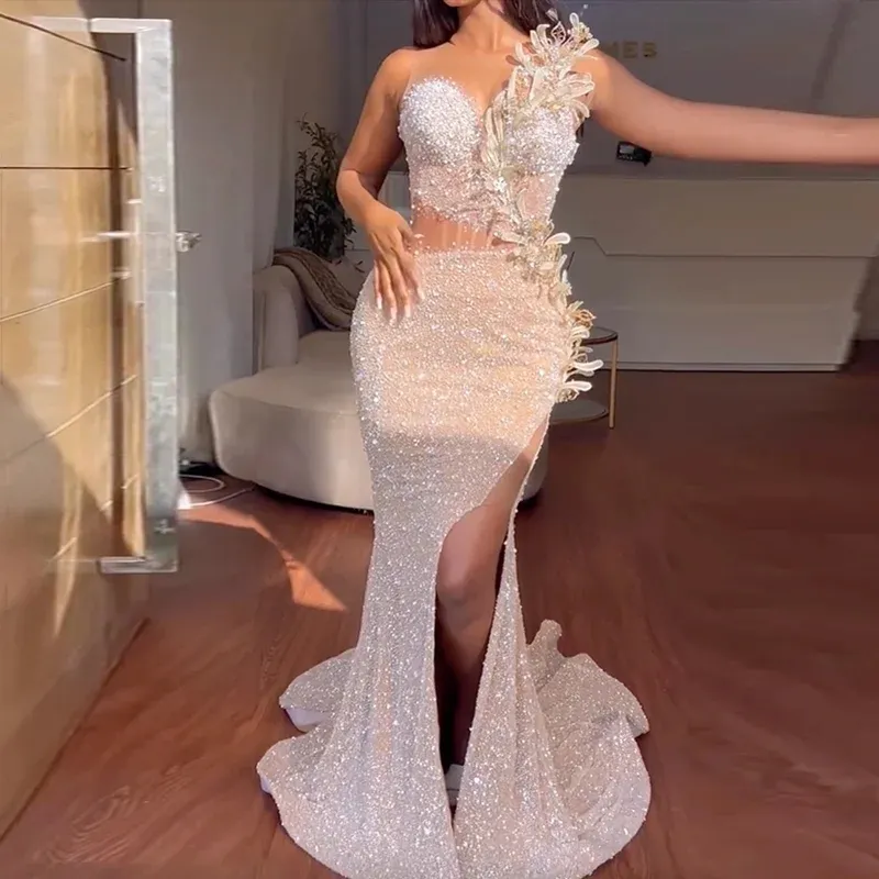 Aso Ebi Style Beading Prom Dresses Handmade Lace Flowers Side Slit Elegant Evening Party Gown African Formal Dress Mermaid 2024