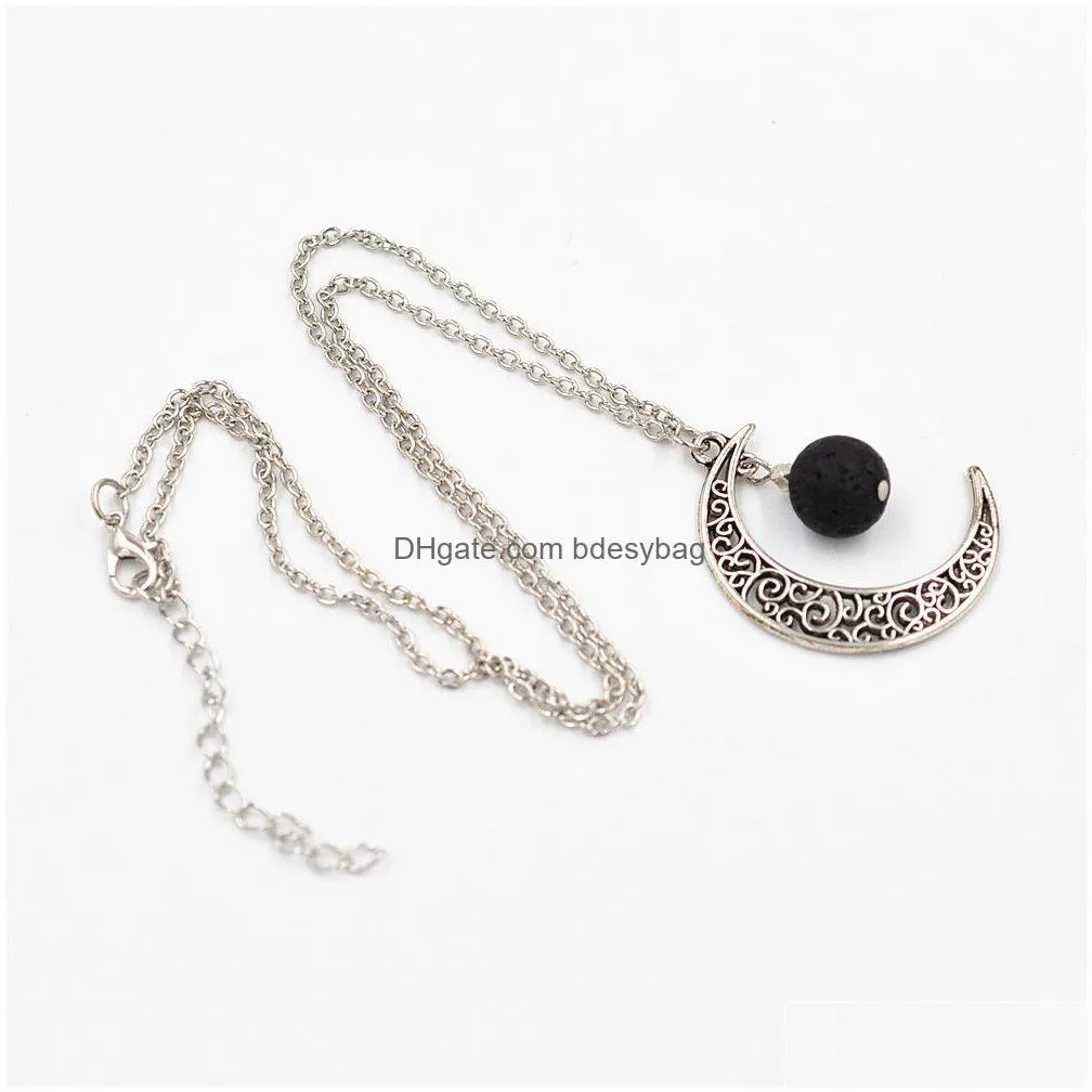 Pendant Necklaces Fashion 14Mm Lava Stone Moon Necklace Volcanic Rock Aromatherapy Essential Oil Diffuser For Women Jewelry Drop Deliv Dhniu