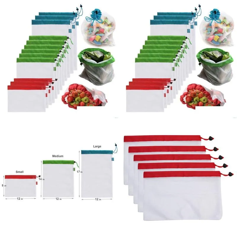 Storage Bags Reusable Mesh Produce Bags Premium Washable Eco Friendly For Grocery Shop Storage Fruit Vegetable 20Sets Drop Delivery Ho Dh8Er