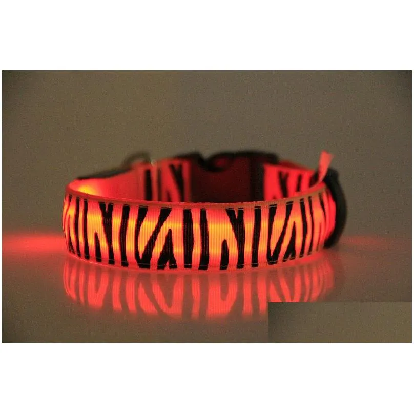 Dog Collars & Leashes Flashing Pet Collars Lighted Up Nylon Led Dog Colorf Zebra Style Collar 2.5M Width 8 Drop Delivery Home Garden P Dhys3