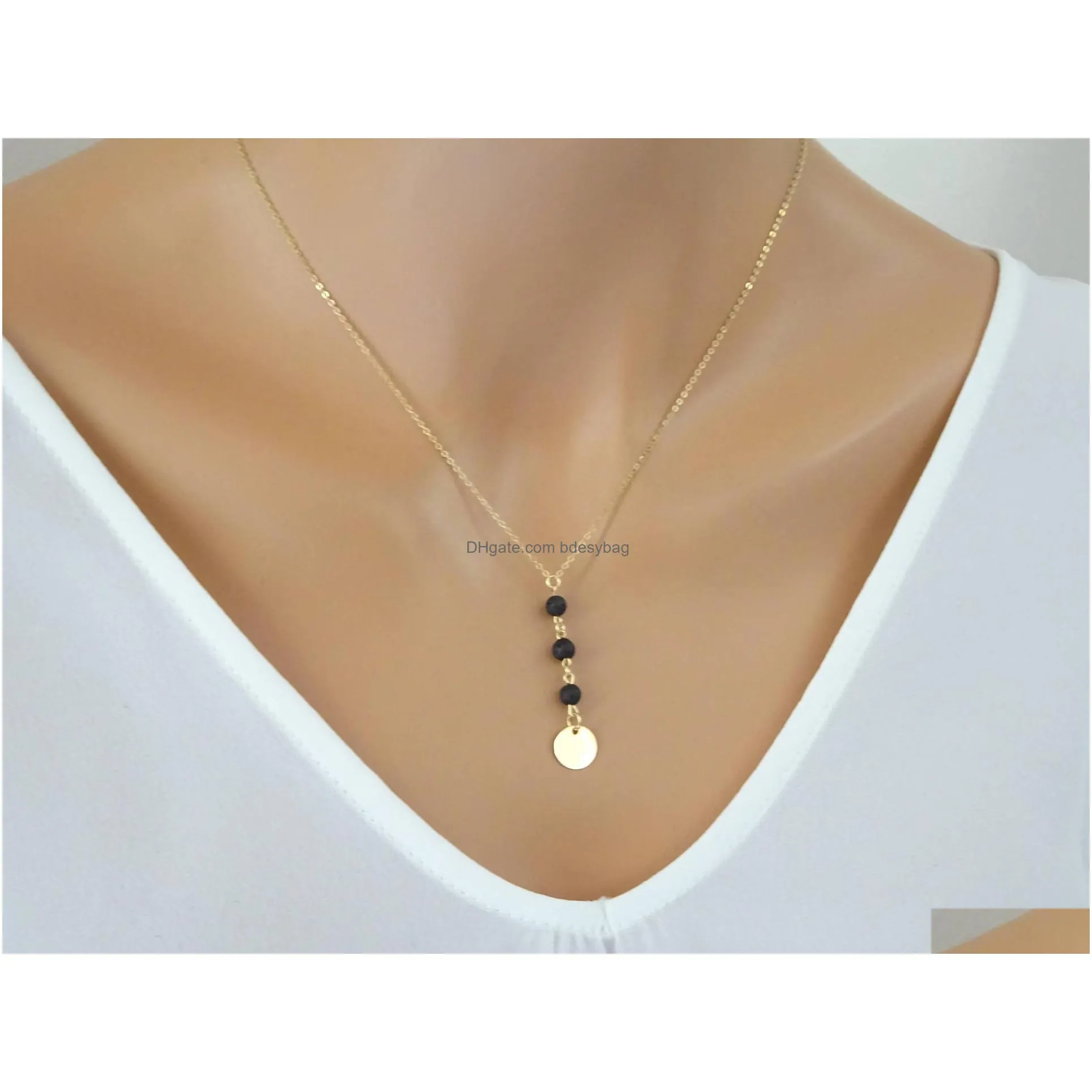 Pendant Necklaces Natural Black Lava Stone Necklace Cross Leaf Sier Gold Color Heart Aromatherapy Essential Oil Diffuser For Women Jew Dhyjj