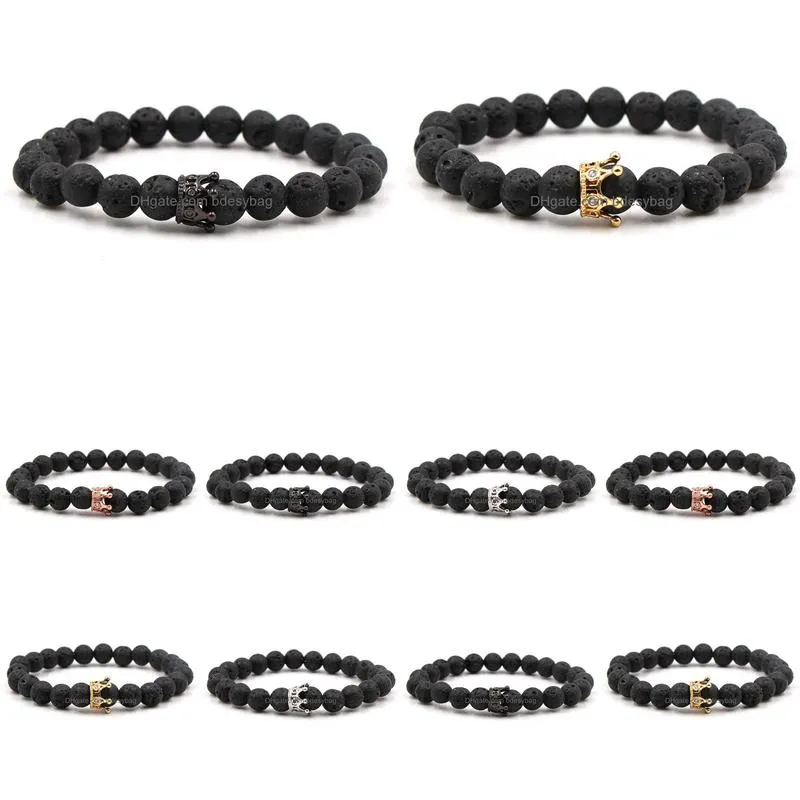 Charm Bracelets Fashion Sier Gold Plated Crown Natural Black Lava Stone Elastic Bracelet Aromatherapy Essential Oil Diffuser For Women Dhjgu