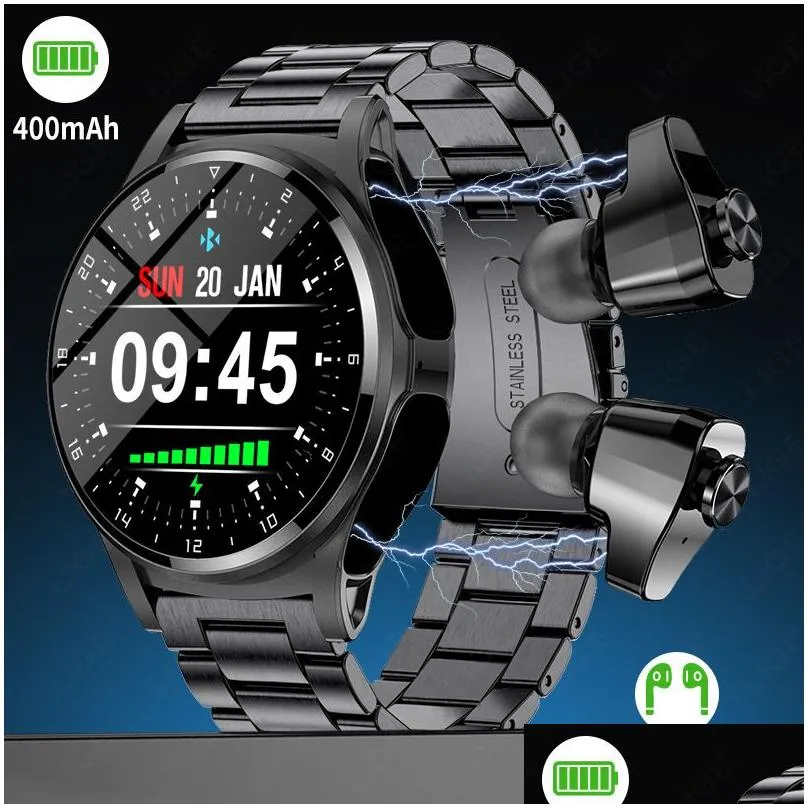 newst LIGE NFC Smartwatch TWS Bluetooth Headset Two-In-One 1.39HD Display IP67 Waterproof Heart Rate Monitor Male Sports Smartwarch