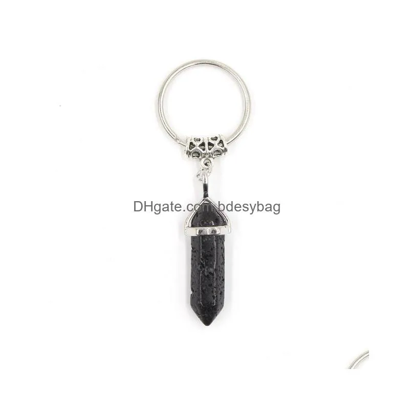 Key Rings Black Lava Stone Hexagonal Prism Key Rings Keychains Car Decor Chain Keyholder For Women Men Drop Delivery Jewelry Dhhzc