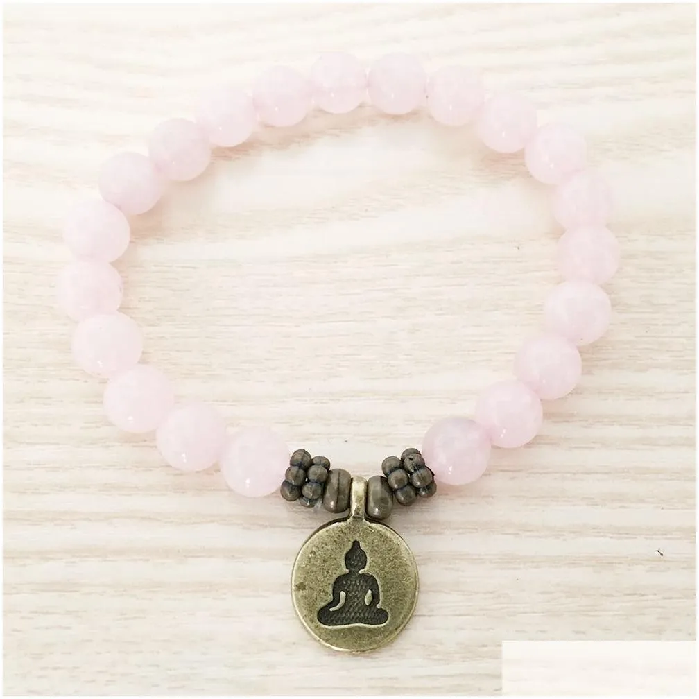 Beaded Sn1107 Genuine Rose Quartz Bracelet Antique Brass Om Buddha Lotus Charm Best Gift For Her Drop Delivery Jewelry Bracelets Dhmhk