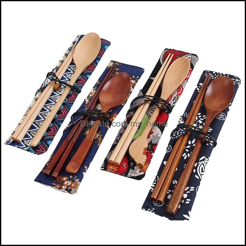 chinese chopsticks tableware wooden cutlery sets with spoon fork cloth bag environmentally friendly travel portable