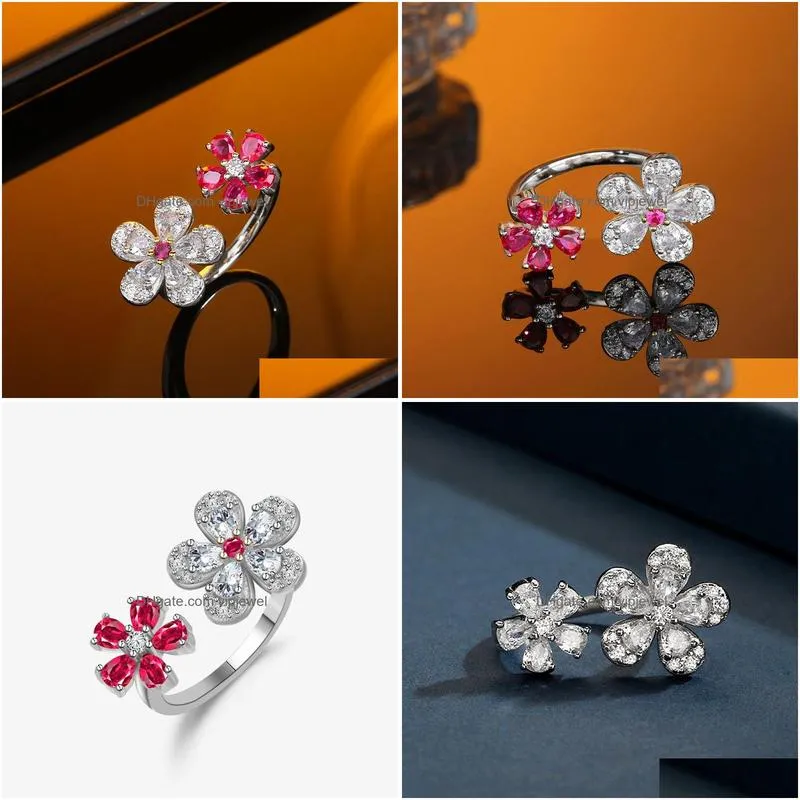  unique design 925 sterling silver flower petal opening adjustable clear crystal ring sweet female fashion girl gift