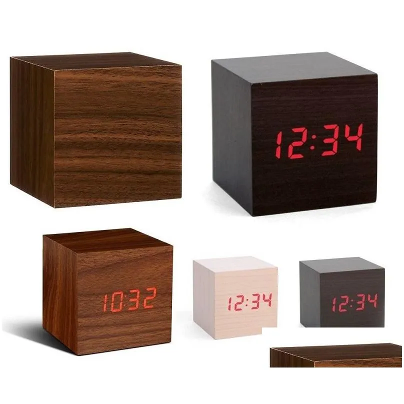 Desk & Table Clocks Wood Style Clock Clocks Cube Led Alarm Control Digital Desk Wooden Room Time Date Temperature Function Home Drop D Dhuym