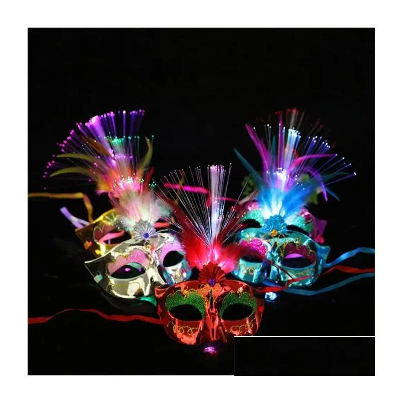 Party Masks Led Fiber Light Up Mask Masquerade Fancy Dress Party Princess Feather Glowing Drop Delivery Home Garden Festive Party Supp Dhbb7