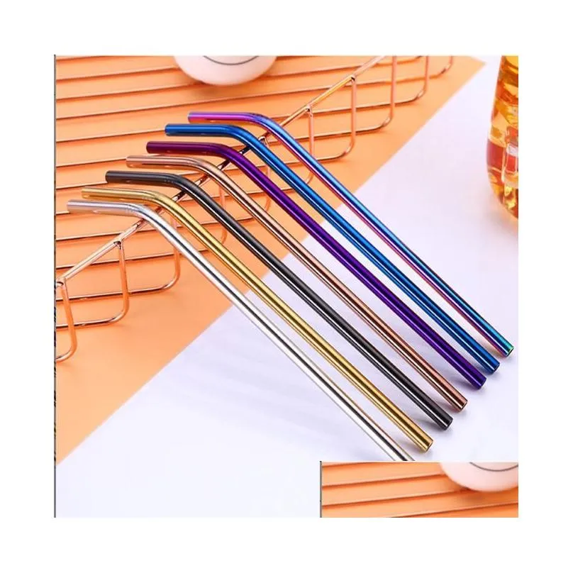 Drinking Straws Stainless Steel Drink St 6X0.5X215Mm Reusable Rainbow Gold Metal Straight Bend Tea Bar Drinking Sts Drop Delivery Home Dhfy8