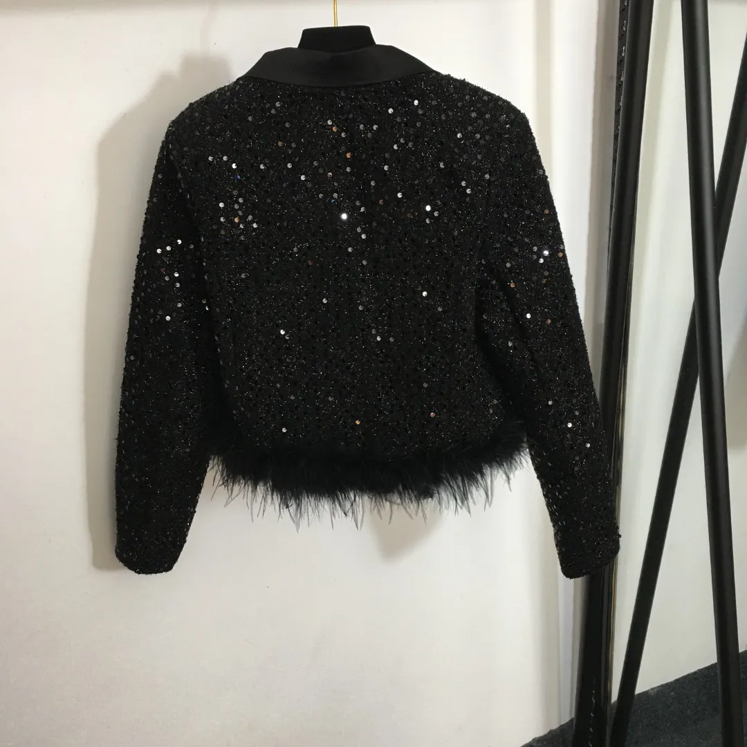 1109 XL 2023 Milan Runway Coat Autumn Brand SAme Style Coat Lapel Neck Sequins High Quality Black Long Sleeve Womens clothes 20238869