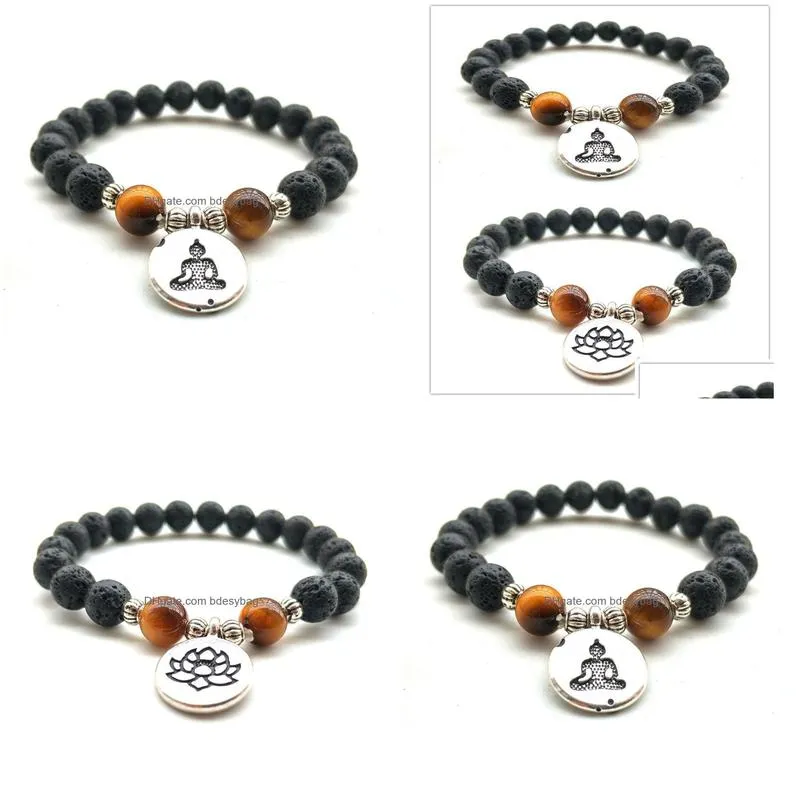 Charm Bracelets Natural Black Lava Stone Tigers Eye Lotus Bracelet Vaolcano Aromatherapy Essential Oil Diffuser For Women Yoga Jewelry Dh8Uv