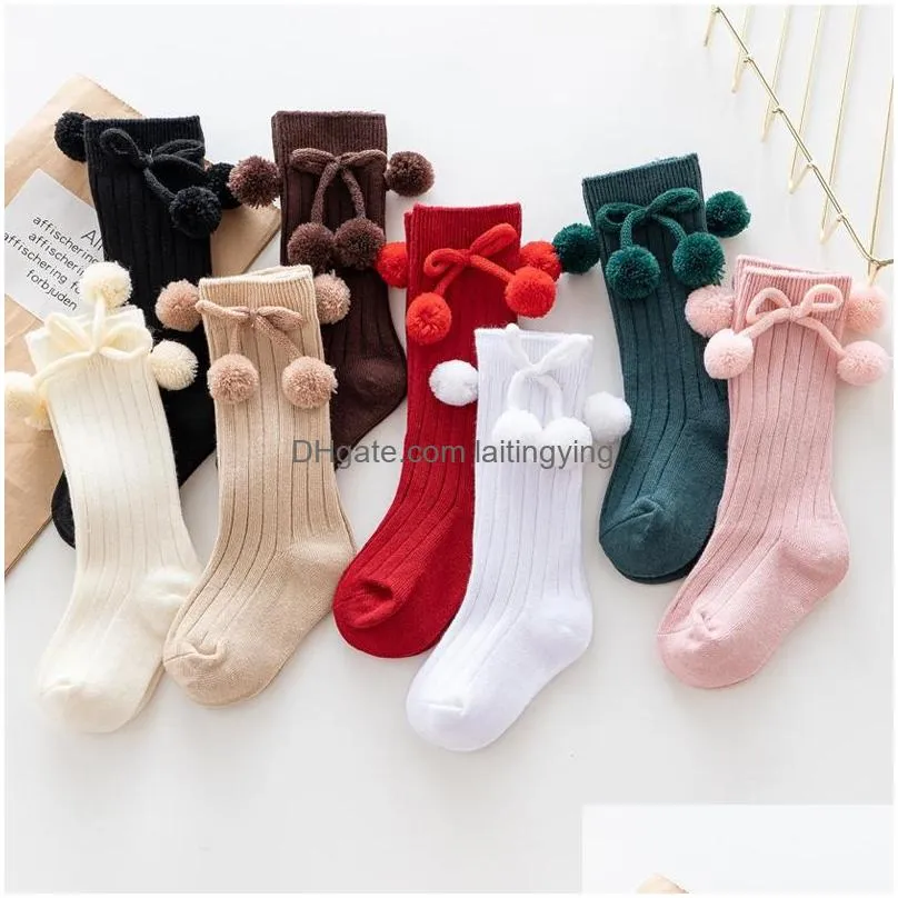 socks kids winter warm toddlers girls plush ball knee high long soft cotton lace baby bow