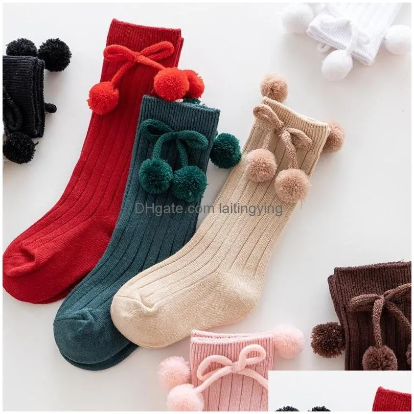 socks kids winter warm toddlers girls plush ball knee high long soft cotton lace baby bow